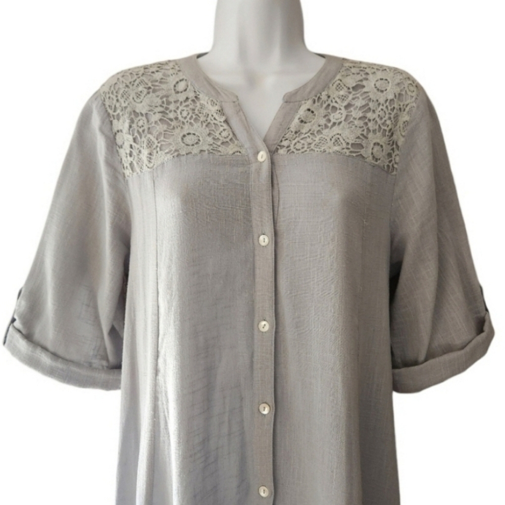 April Cornell Light Gray Lace-Trim Button-Front Maxi Dress - Picture 3 of 8